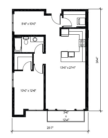 Floor plan for 1 bed, 1 bath, 865 sqft